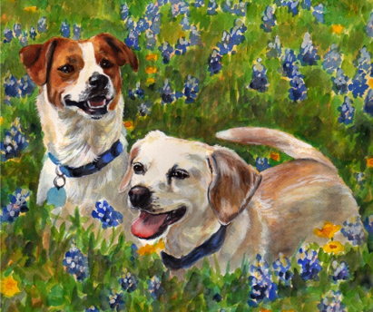 Dogs Bluebonnets Watercolor Carol Wells